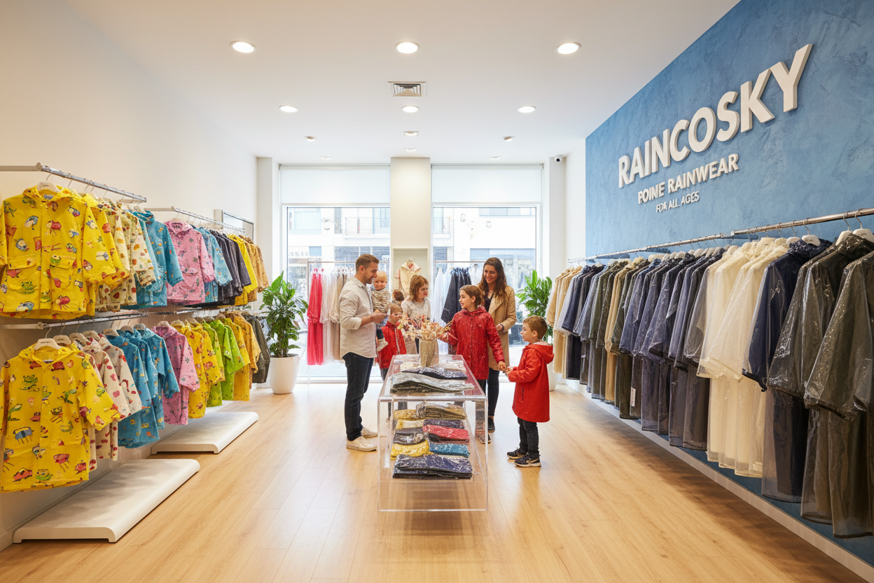 一家名为 RAINCOSKY RAINWEAR 的雨衣商店，店内有儿童雨衣也有成人雨衣，有塑料雨衣